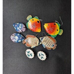 LOT 4 Pair Vintage Fish Earrings - Clip-on & Hook - Hand-Painted Wood & Ceramic